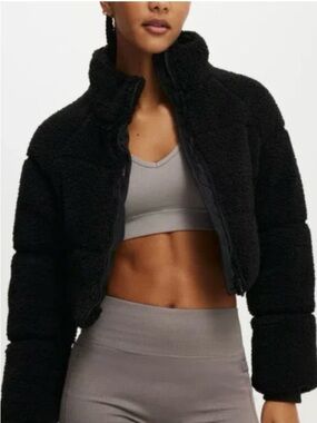 Cotton On Black Cropped Teddy Puffer Jacket